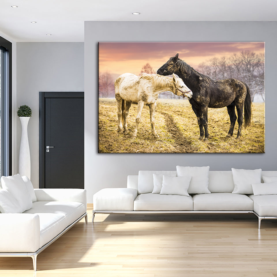 Black & White Horses - Canvas Wall Art Painting | Bowlift