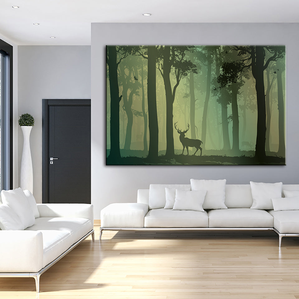 Enchanted Green Toned Silhouetted Deer - Canvas Wall Art Painting | Bowlift