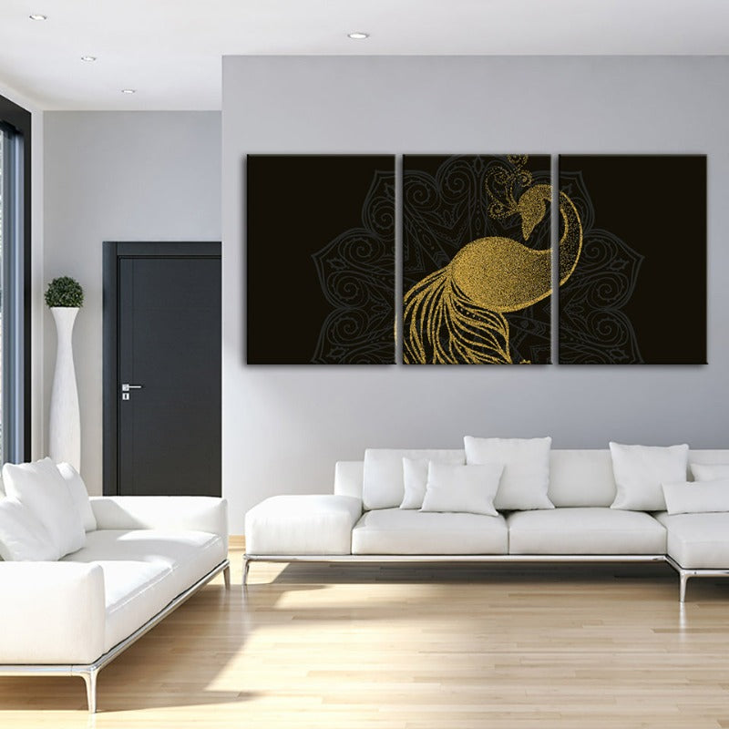 Abstract Golden Mandala Peacock - Canvas Wall Art Painting 3 Pieces | Bowlift