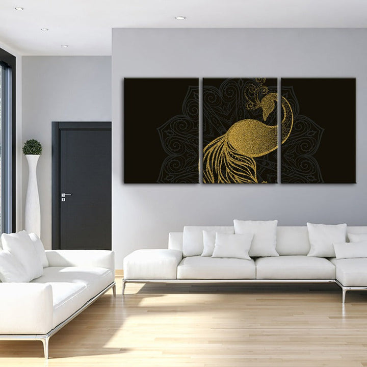 Abstract Golden Mandala Peacock - Canvas Wall Art Painting 3 Pieces | Bowlift