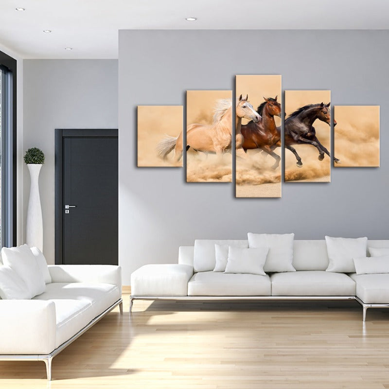 5 Piece Three Running Horses in Desert - Canvas Wall Art Painting | Bowlift
