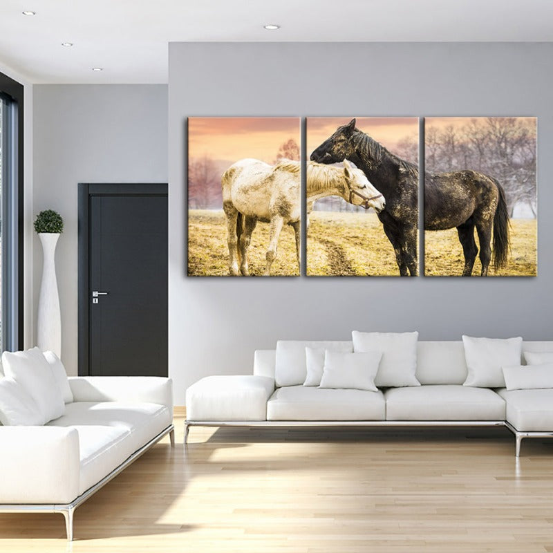 Black & White Horses-Canvas Wall Art Painting 3 Pieces | Bowlift