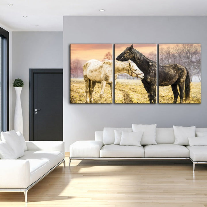 Black & White Horses-Canvas Wall Art Painting 3 Pieces | Bowlift