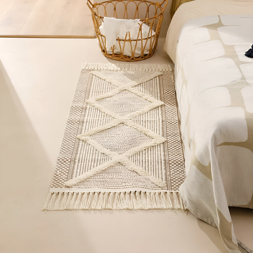 BowLift | Beige Textured Fringe Tassel Rug