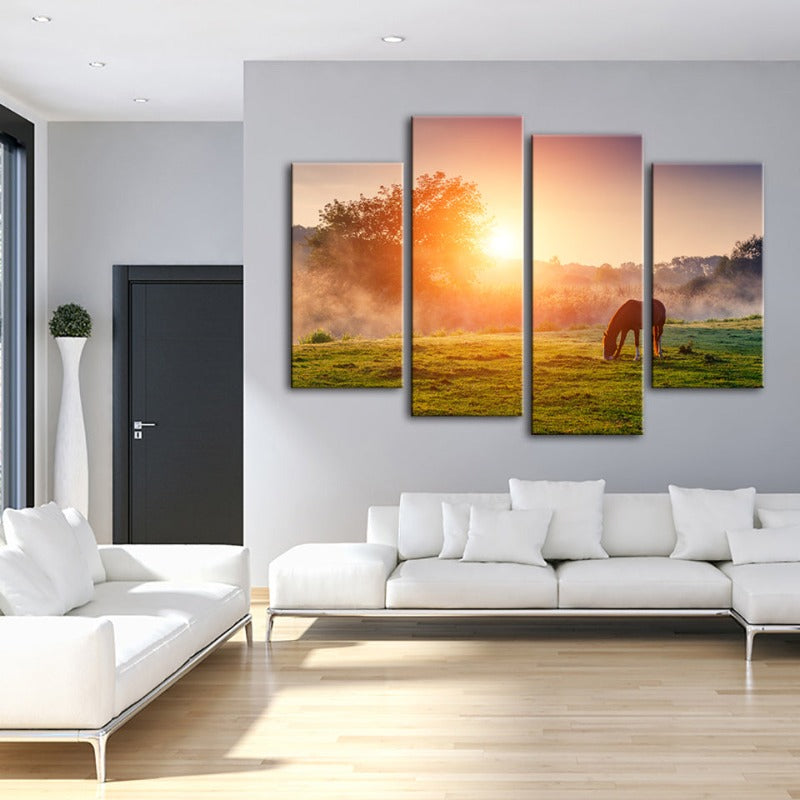 4 Piece Sunrise Grazing Horse - Canvas Wall Art Painting | Bowlift