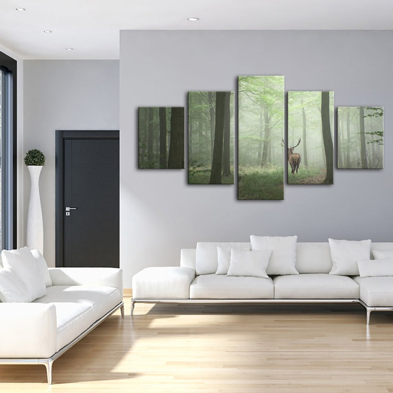 5 Piece Misty Mystical Deer In The Woods - Canvas Wall Art Paintings | Bowlift