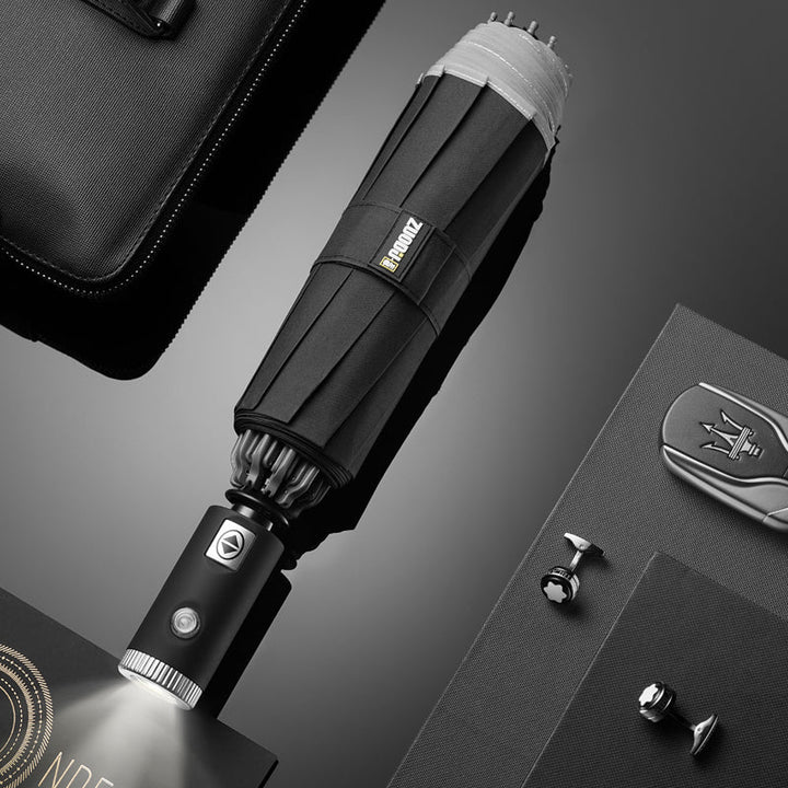 BowLift | Windproof Reverse Folding Umbrella with LED, Auto Open/Close Design, Safe Reflective Tape & Sturdy 10 Ribs
