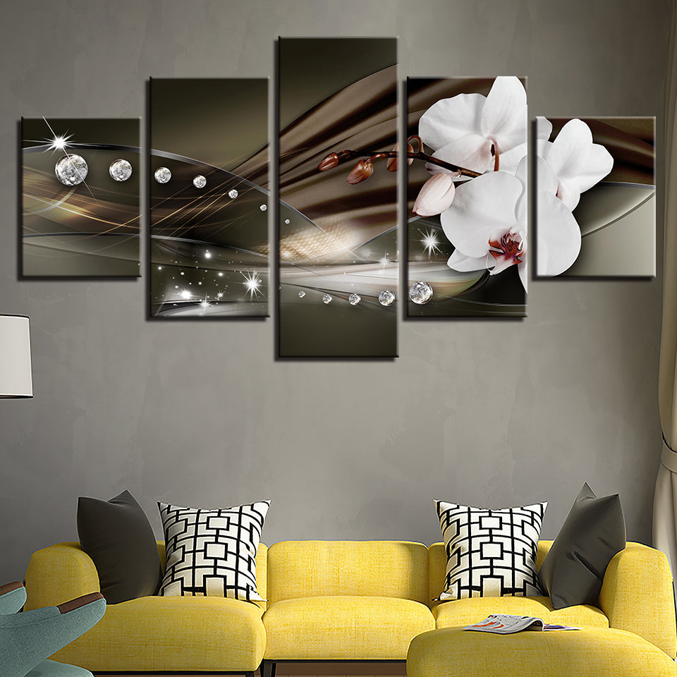 White Orchids And Brilliant Crystals 5 Piece - Canvas Wall Art Painting | Bowlift