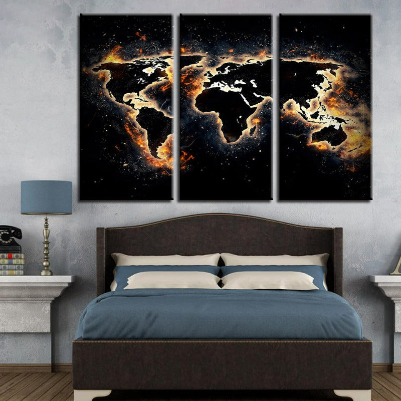 Fire and Black World Map-Canvas Wall Art Painting 3 Pieces | Bowlift