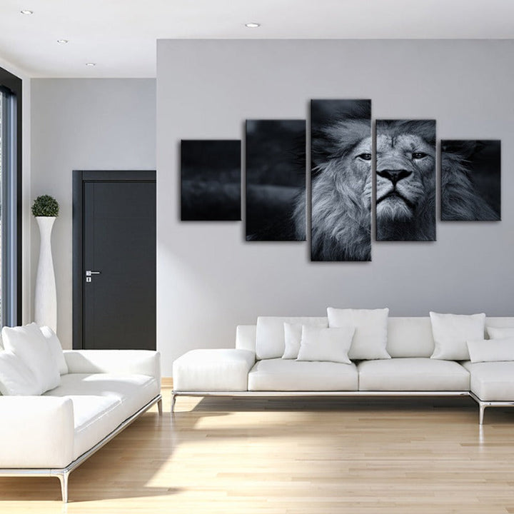 5 Piece Grayscale Concerned Lion - Canvas Wall Art Painting | Bowlift