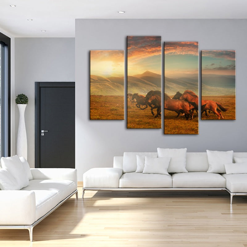 4 Piece Running Horses With Beautiful Landscape - Canvas Wall Art Painting | Bowlift