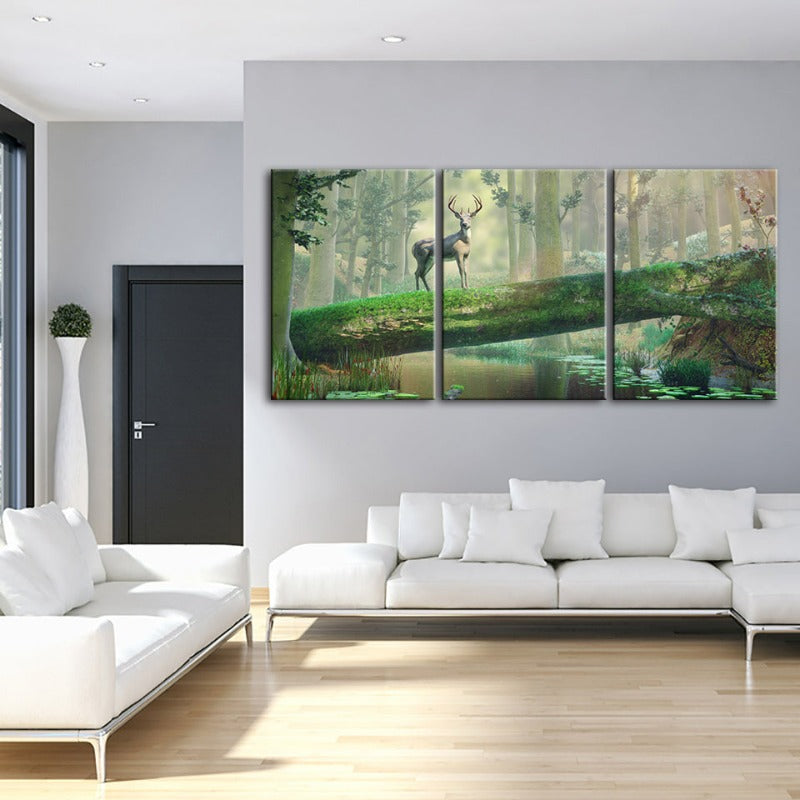Enchanted Forest Deer-Canvas Wall Art Painting 3 Pieces | Bowlift