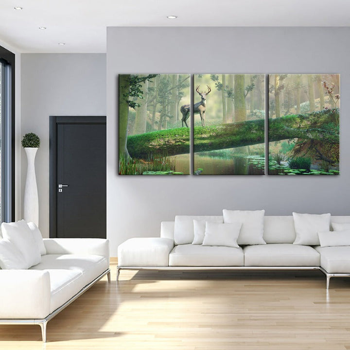 Enchanted Forest Deer-Canvas Wall Art Painting 3 Pieces | Bowlift