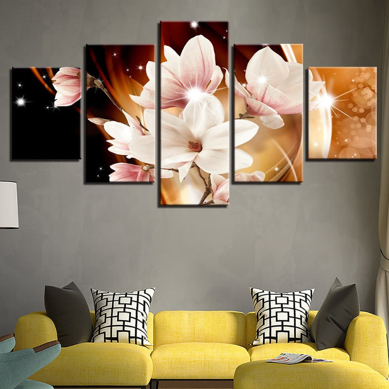 5 Piece Orange Background White Flower - Canvas Wall Art Painting | Bowlift