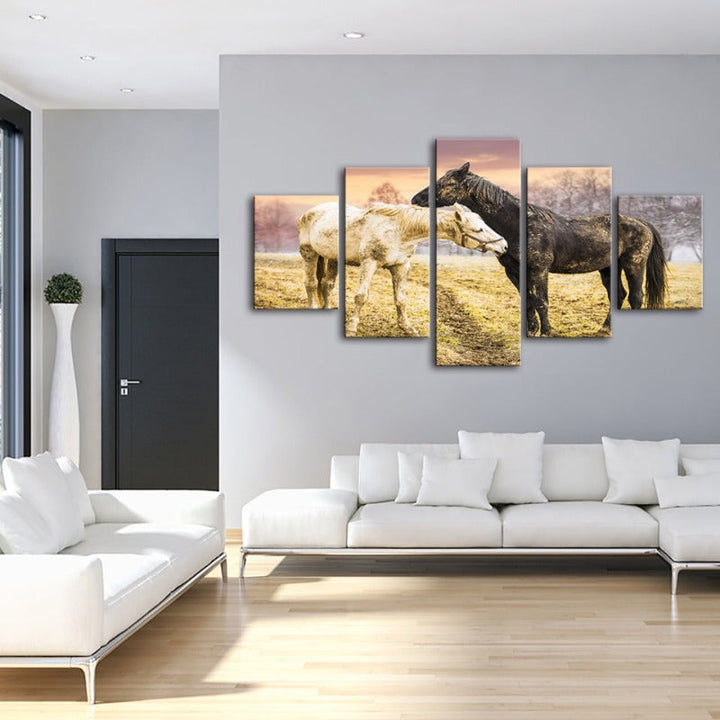 5 Piece Black & White Horses - Canvas Wall Art Painting | Bowlift