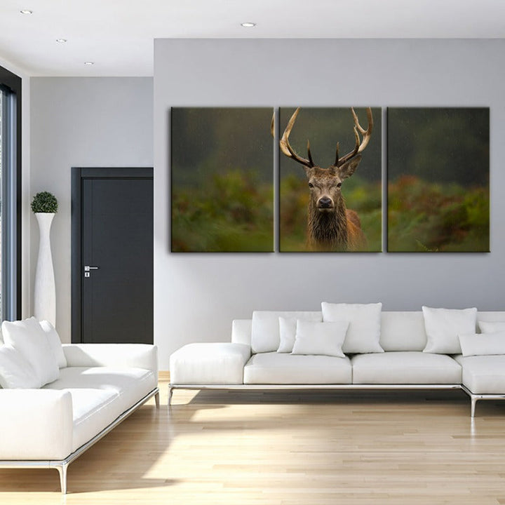 Curios Deer Amongst Ferns-Canvas Wall Art Painting 3 Pieces | Bowlift