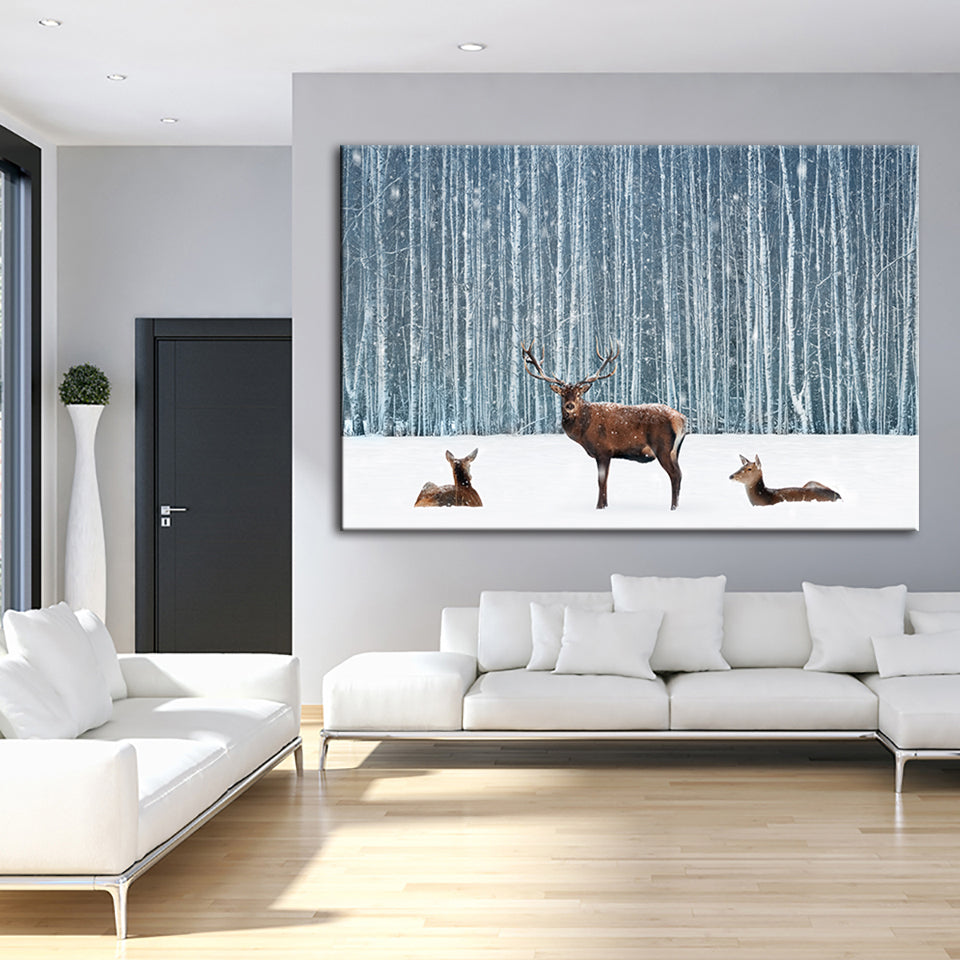 Two Does And A Deer In Winter - Canvas Wall Art Painting | Bowlift