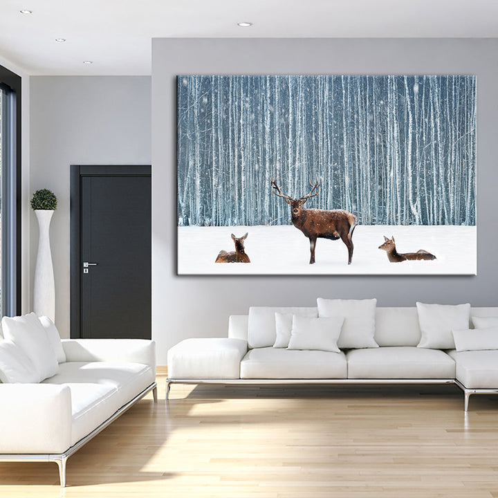 Two Does And A Deer In Winter - Canvas Wall Art Painting | Bowlift