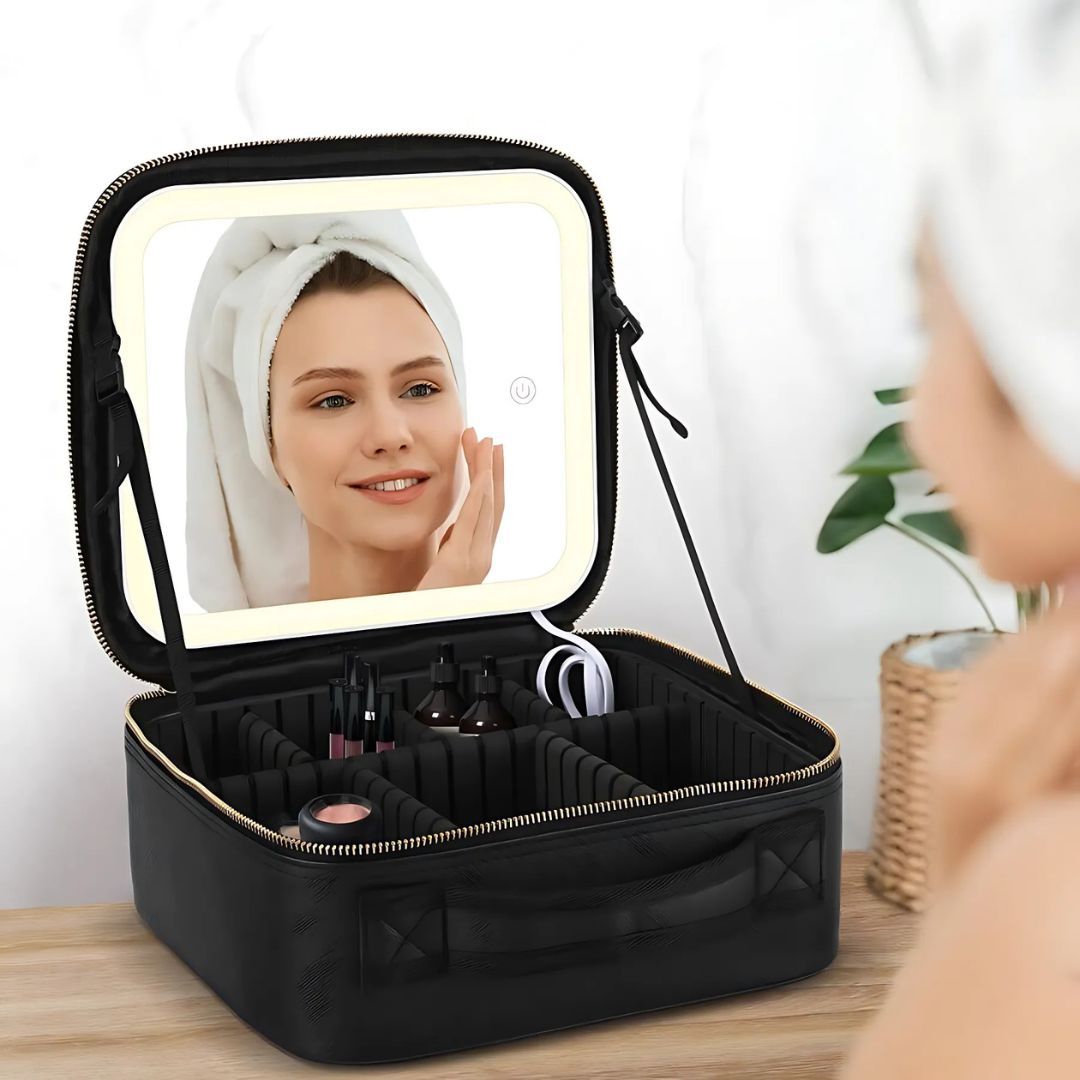 GlamOrganize | Makeup & Toiletry Bag - Cosmetic Organiser - LED Mirror - Compact Storage for Makeup and Skincare - Travel-Friendly Bowlift