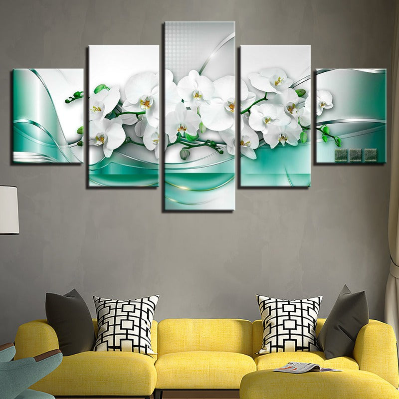 5 Piece Sea Green Background White Tulip Flower - Canvas Wall Art Painting | Bowlift