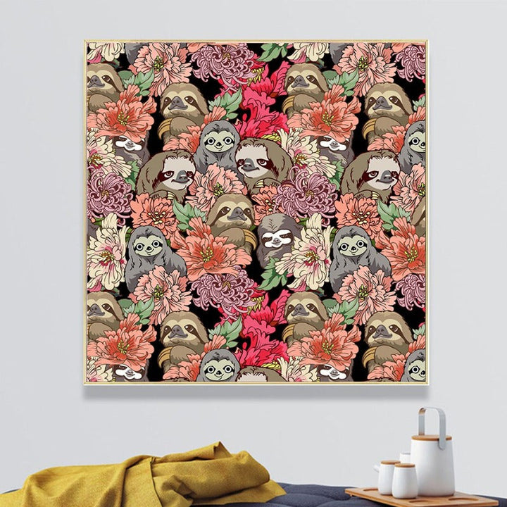 Many Sloths Abstract Animal Plants - Canvas Wall Art Painting | Bowlift