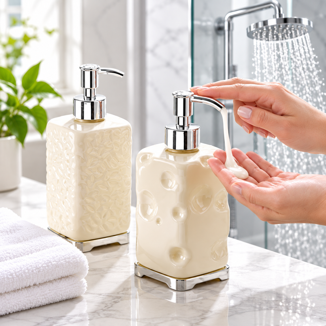 Textured Ceramic Soap Dispenser with Chrome Pump Bowlift