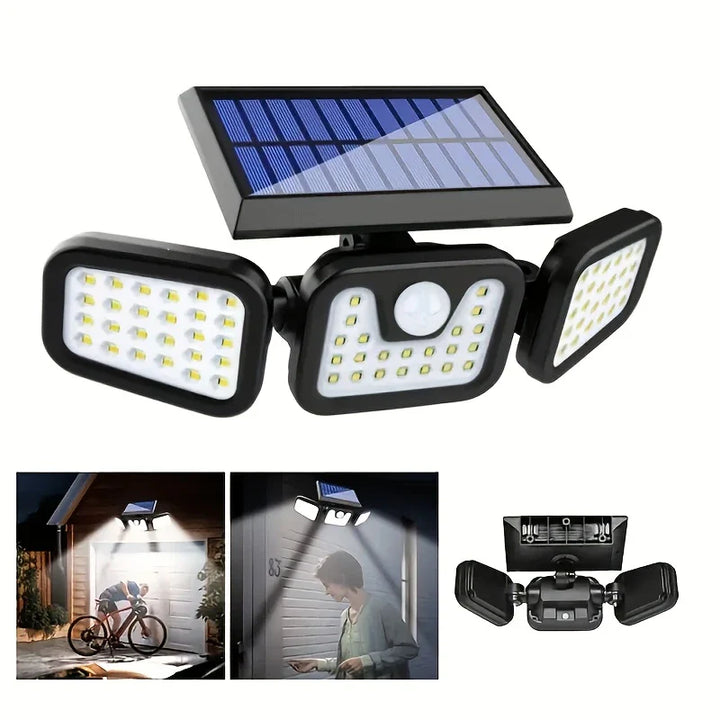 BowLift | Solar LED floodlight with motion sensor – 3-beam outdoor lighting for garden, yard, and garage