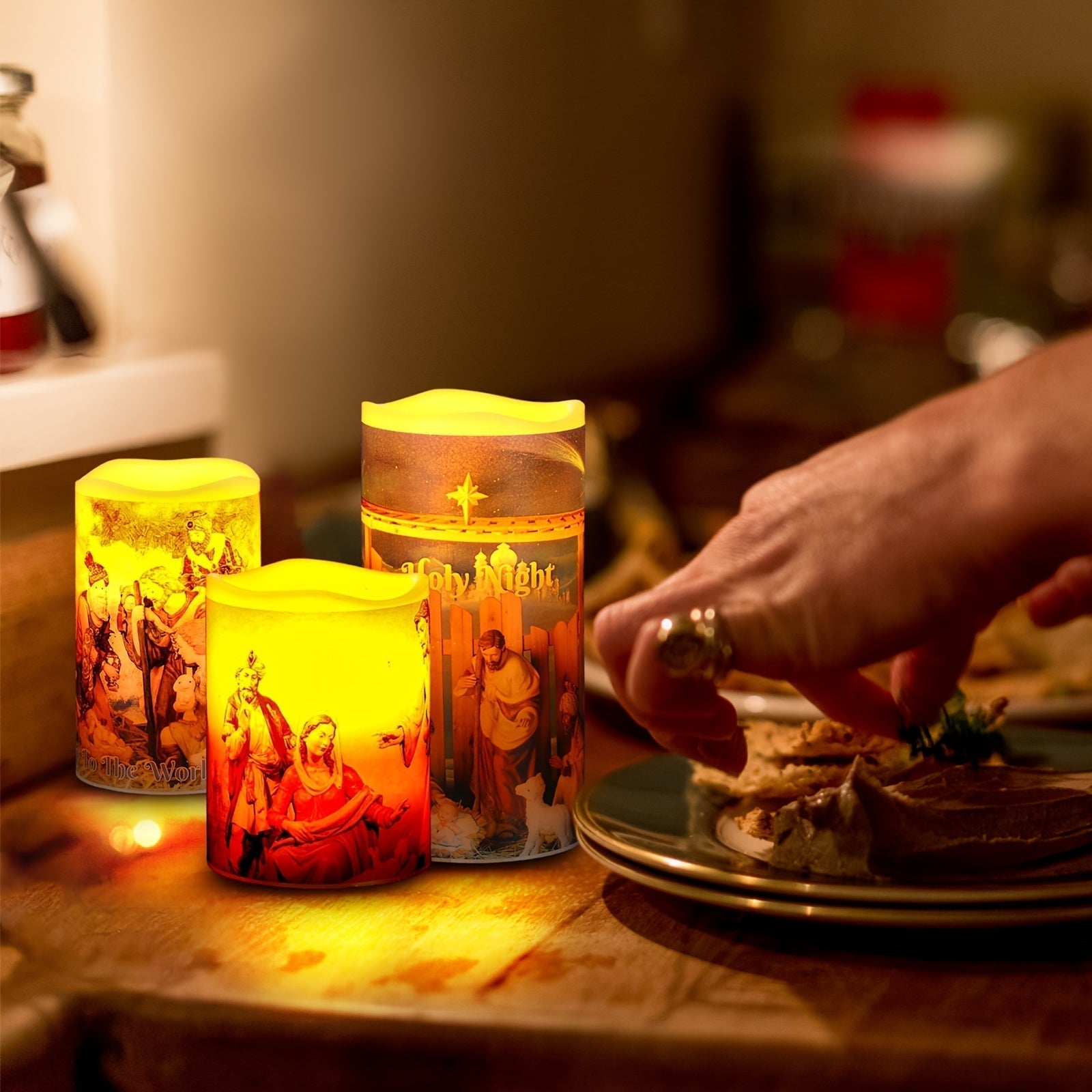 BowLift | Flameless LED Christmas Candles – 3pcs Battery-Powered Holy Night Lights Candle with Timer Featuring Nativity Scene for Warm Holiday Home Ambience