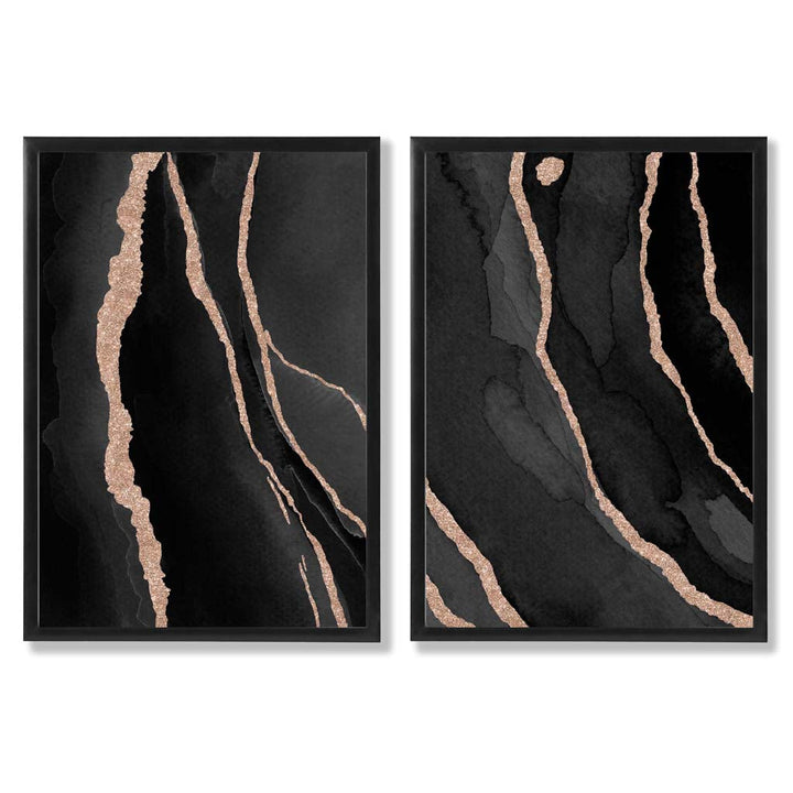 Black and Gold Abstract Framed Set of 2 Art Prints | Bowlift
