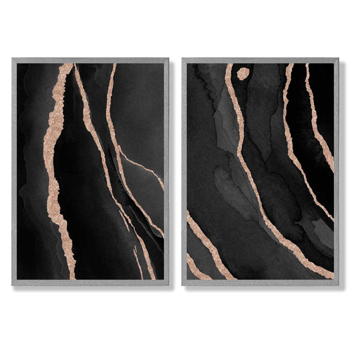 Black and Gold Abstract Framed Set of 2 Art Prints | Bowlift