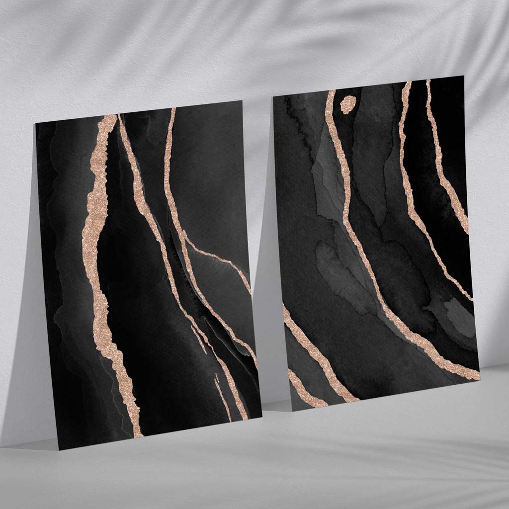 Black and Gold Abstract Set of 2 Art Prints | Bowlift