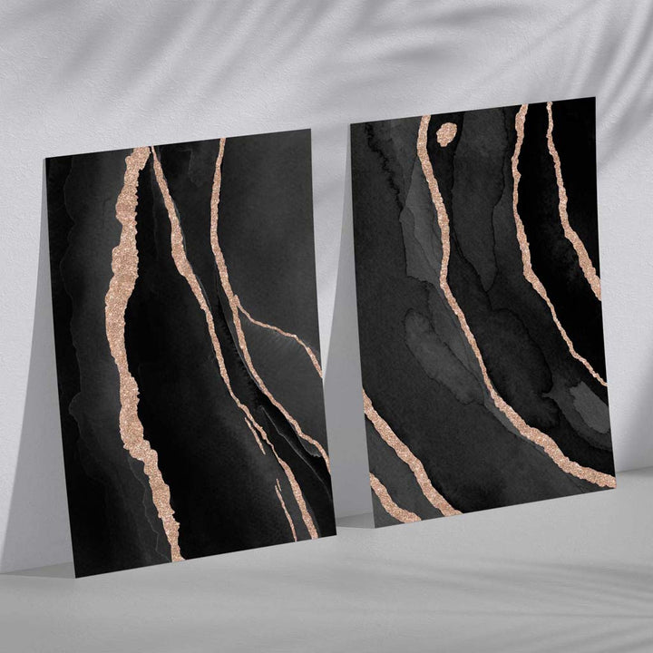 Black and Gold Abstract Set of 2 Art Prints | Bowlift