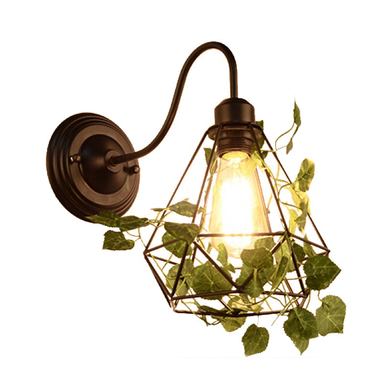 BowLift | 1 Light Wall Lighting Fixture Industrial Diamond / Globe / Square Metal LED Wall Lamp Sconces in Black with Plants