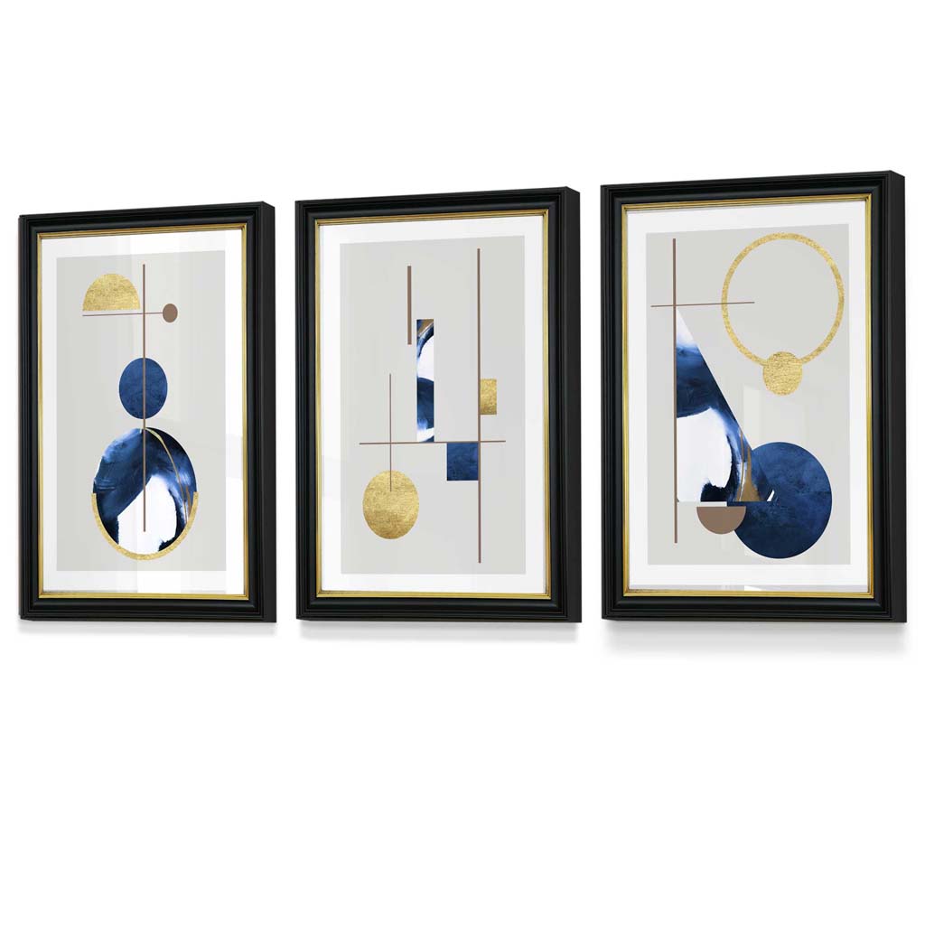 Abstract set of 3 textured geometric framed prints in navy blue and gold | Bowlift