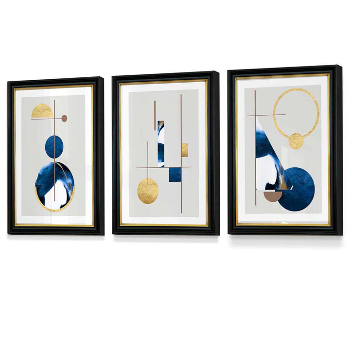 Abstract set of 3 textured geometric framed prints in navy blue and gold | Bowlift