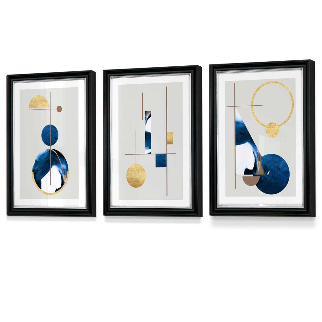 Abstract set of 3 textured geometric framed prints in navy blue and gold | Bowlift