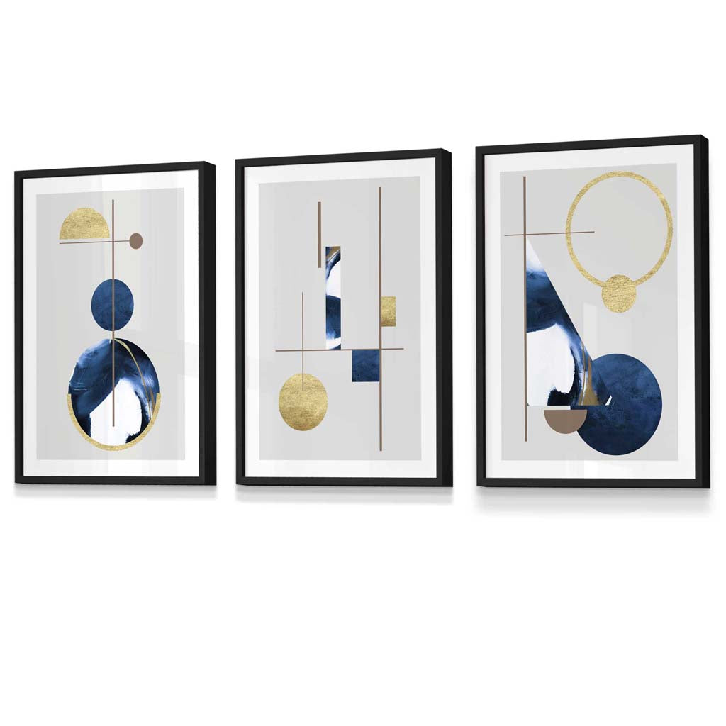 Abstract set of 3 textured geometric framed prints in navy blue and gold | Bowlift