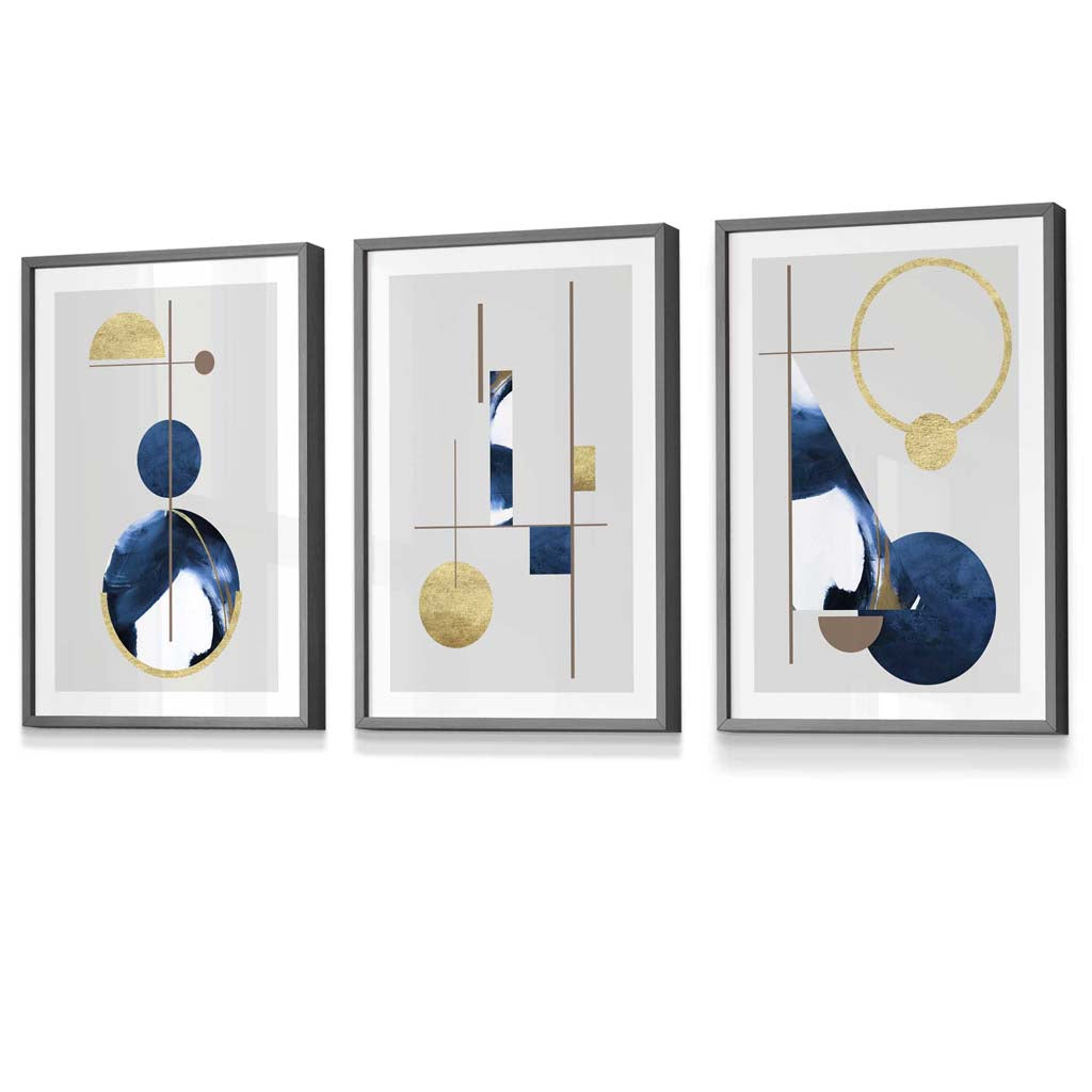 Abstract set of 3 textured geometric framed prints in navy blue and gold | Bowlift