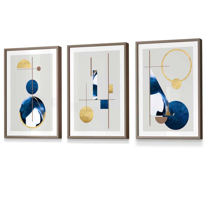 Abstract set of 3 textured geometric framed prints in navy blue and gold | Bowlift