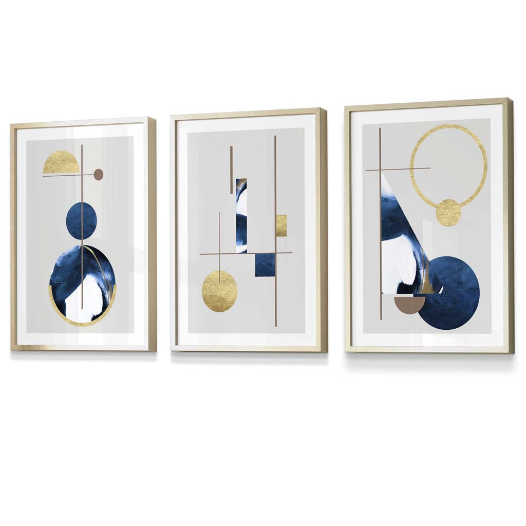 Abstract set of 3 textured geometric framed prints in navy blue and gold | Bowlift