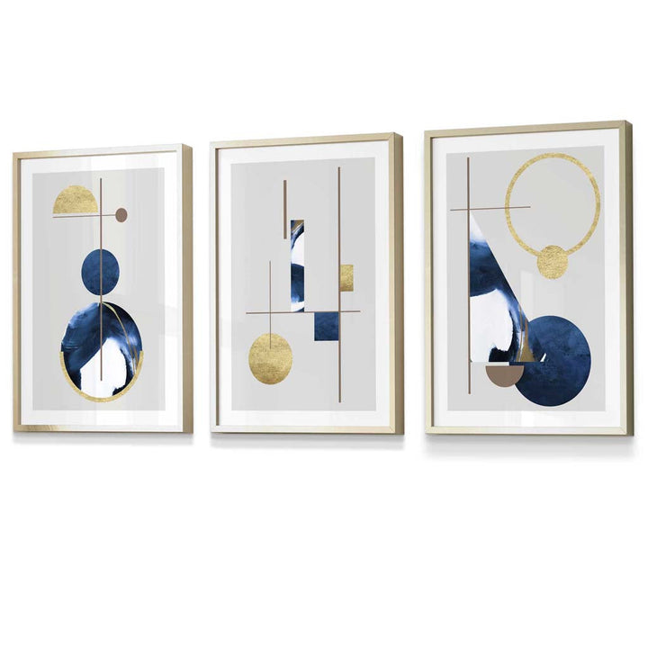 Abstract set of 3 textured geometric framed prints in navy blue and gold | Bowlift