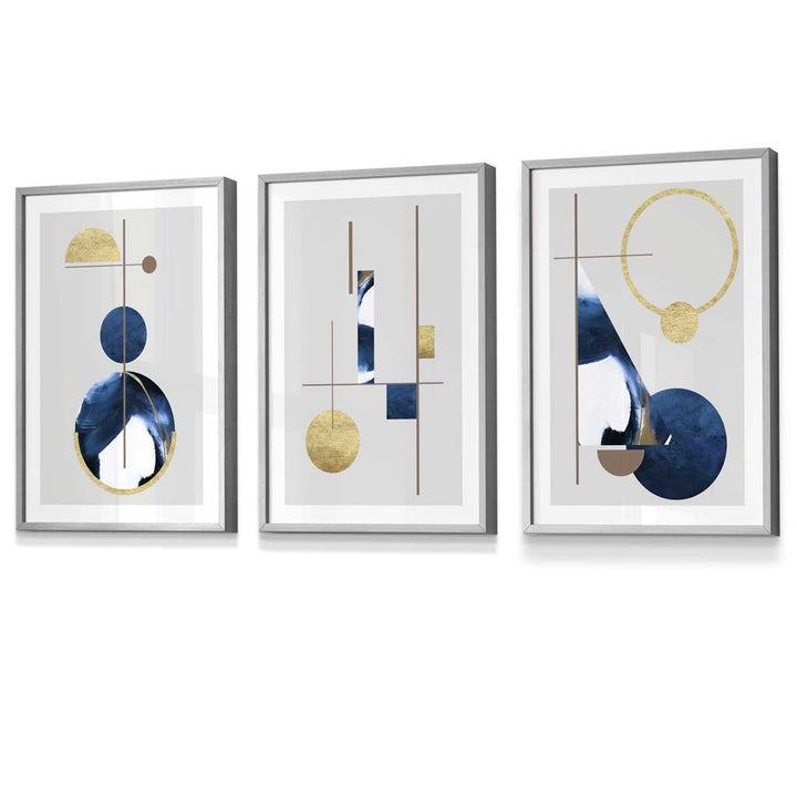 Abstract set of 3 textured geometric framed prints in navy blue and gold | Bowlift