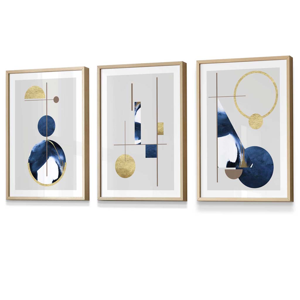 Abstract set of 3 textured geometric framed prints in navy blue and gold | Bowlift