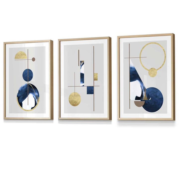 Abstract set of 3 textured geometric framed prints in navy blue and gold | Bowlift