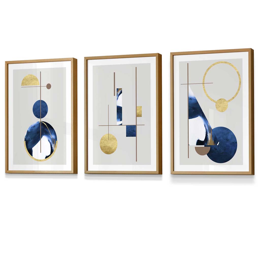 Abstract set of 3 textured geometric framed prints in navy blue and gold | Bowlift