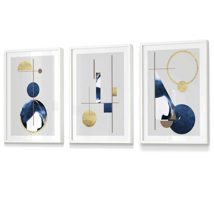 Abstract set of 3 textured geometric framed prints in navy blue and gold | Bowlift