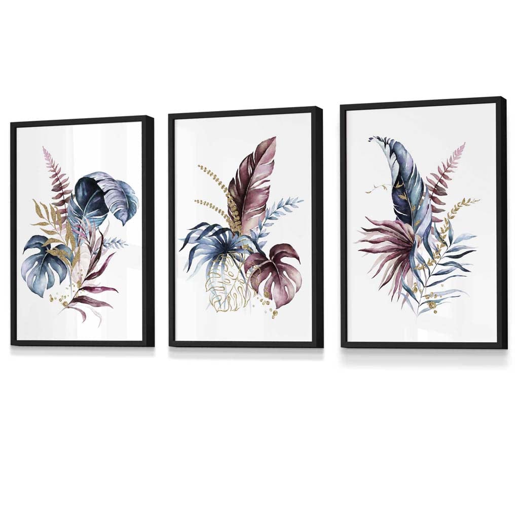 Botanical set with 3 pink and blue floral wall art framed prints | Bowlift