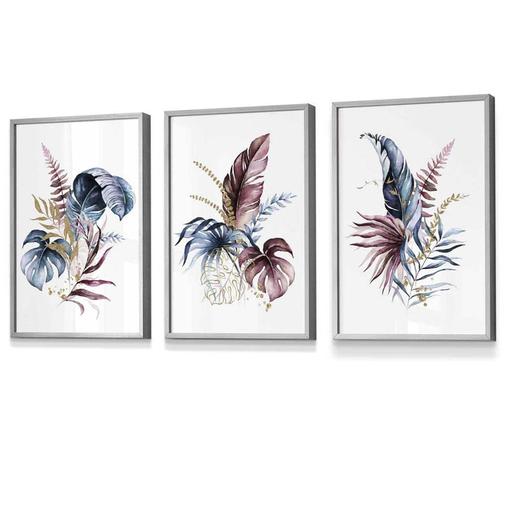 Botanical set with 3 pink and blue floral wall art framed prints | Bowlift