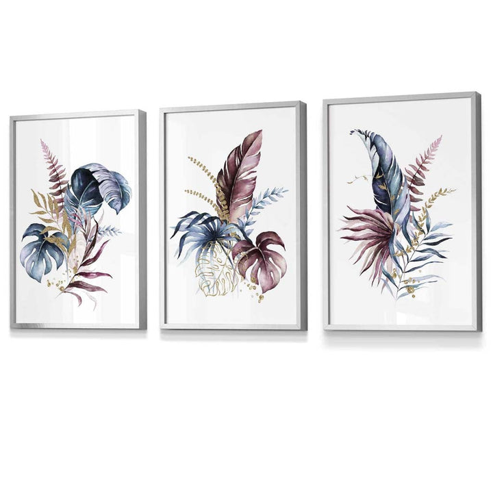 Botanical set with 3 pink and blue floral wall art framed prints | Bowlift