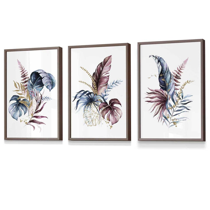 Botanical set with 3 pink and blue floral wall art framed prints | Bowlift